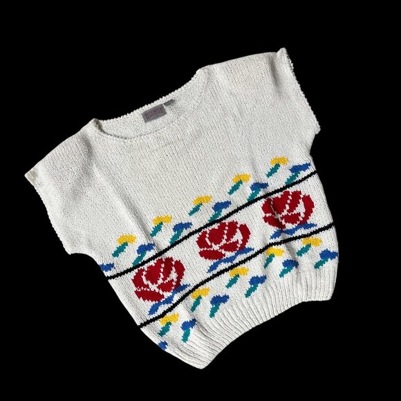 Worthington Tops - Vintage White Knit Sweater 1980s Worthington Red Rose Shoulder Pads Size L Korea